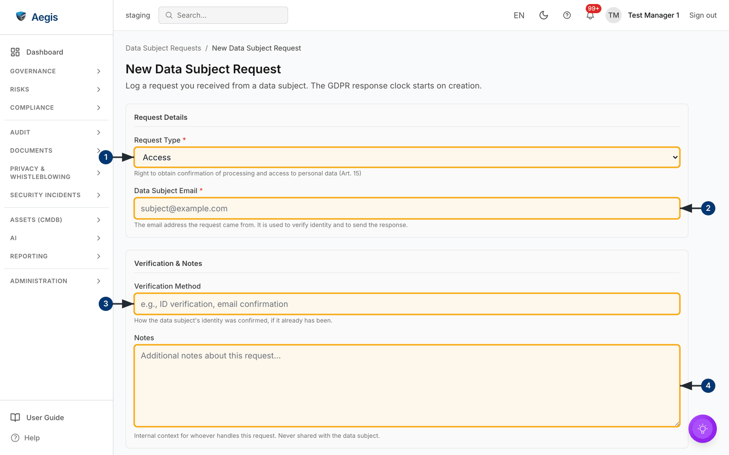The full-page New Data Subject Request form: type, email, verification method and notes — /gdpr/dsr/new.